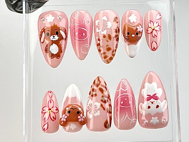 Kawaii Cartoon ネイルチップ｜かわいい ピンク キャット & バニー ネイルアート｜ピンク Animal ネイルチップ｜Kawaii パステル Nail Polish｜かわいい ネイル｜HB680YC