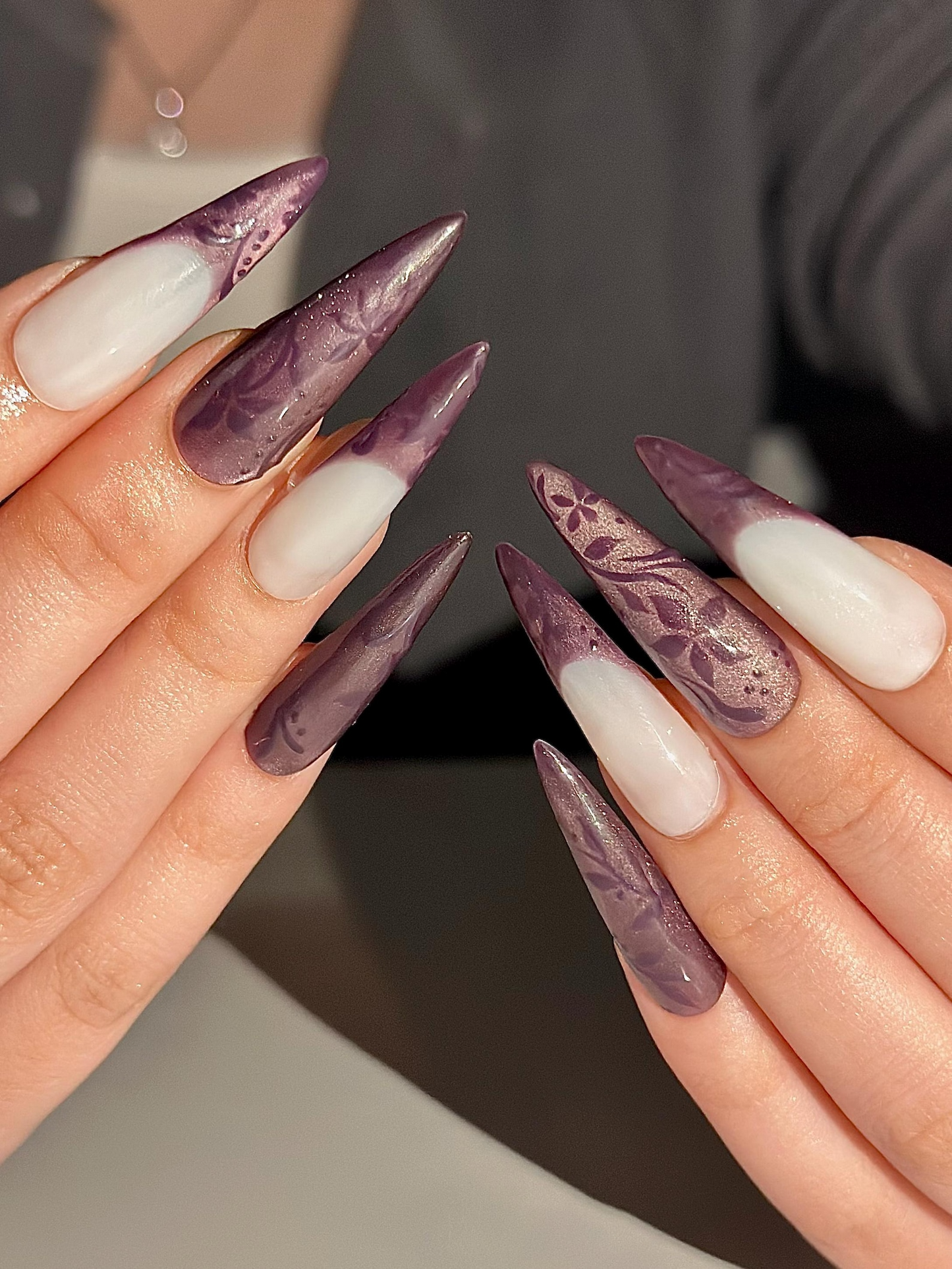 Dark パープル キャットアイ ネイルチップ, Mystic フラワー フレンチチップ ネイル, Ethereal Smoky Velvet ネイル, ゴシック 上品 スティレット ネイルチップ, HC1292HK