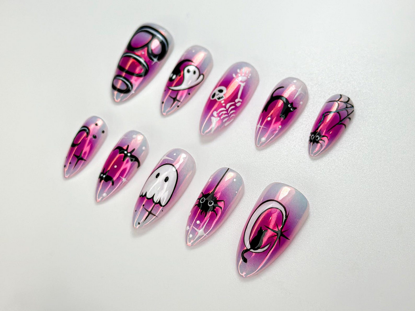 かわいい ハロウィン Glow ネイルチップ｜ピンク Spooky ゴースト ネイルアート｜Glow in Dark キャット & Bat ネイル｜Adorable ハロウィン ネイルチップ｜JC104HC