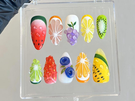 3D Tropical Fruit ネイルチップ｜Lemon Grape Watermelon ネイルアート｜Colorful 3D ネイルチップ｜ユニーク 夏 ネイルチップ｜Kawaii ネイル｜HB947YC