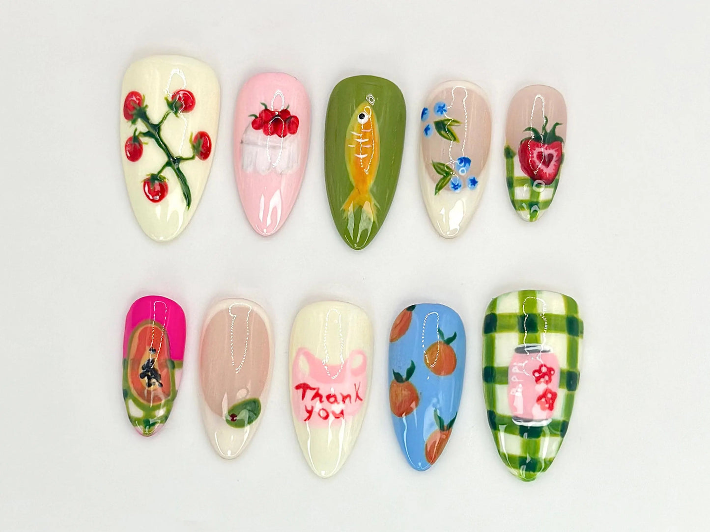 Fruit Garden カスタム ネイルチップ｜手描き Watermelon, いちご & Citrus ネイルアート｜Vegan・Friendly Nail Designs｜JB525HC