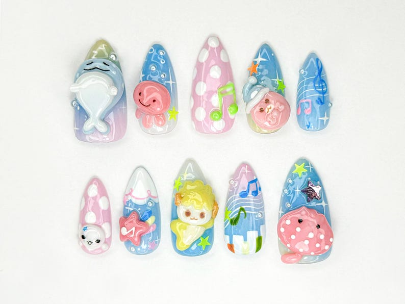 Kawaii 夏 ネイルチップ｜3D パステル Marine Animals｜Kawaii シー ネイルアート｜Cartoon Seal Whale Jellyfish ネイル｜夏 ネイル｜JB890HC