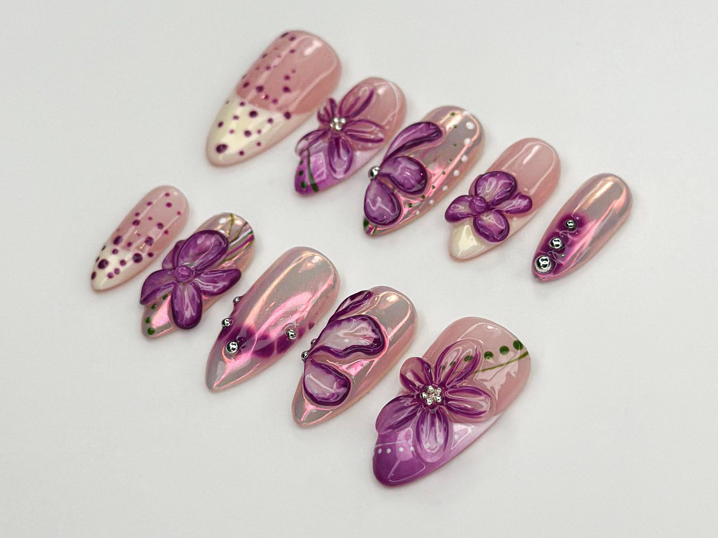 Glossy パープル フラワー ネイルチップ｜3Dフラワー クローム ネイル｜ハンドメイド ロング ネイル｜Sparkling Violet フラワー Tips｜上品 ネイルセット｜JC770HC