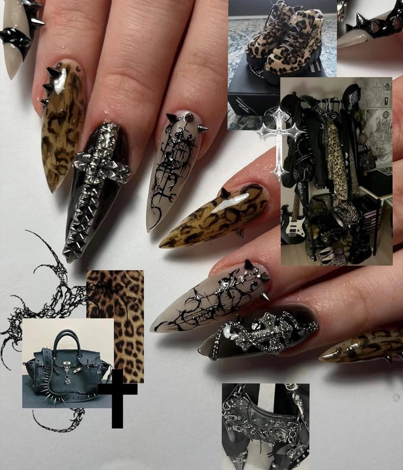 ゴシック パンク スティレット ネイルチップ｜Leopard クローム ネイルアート｜Edgy Studded Nail Design｜Alt Fashion ブラック ネイル｜JB827HC