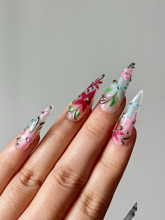 春 Glass フラワー ネイルチップ｜Hand Painted フラワー ネイル｜パステル スティレット ネイル｜上品 フラワー ネイルアート｜上品 ネイルチップ｜HB1278HC