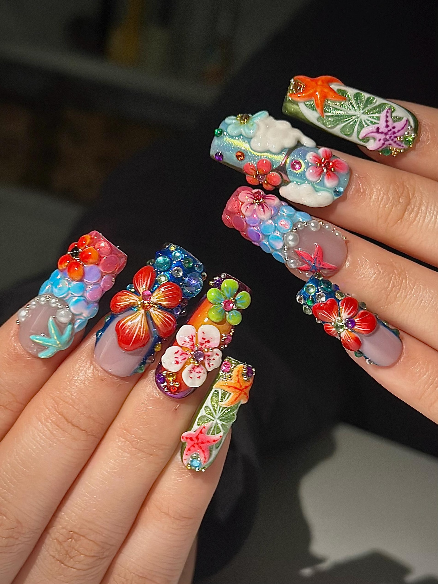 Midnight Sun ネイルチップ for Festival｜Colorful 3D フラワー ネイル｜Festival Nail｜Tropical 夏 上品 ネイル｜アーティスティック ネイル｜JA300HC