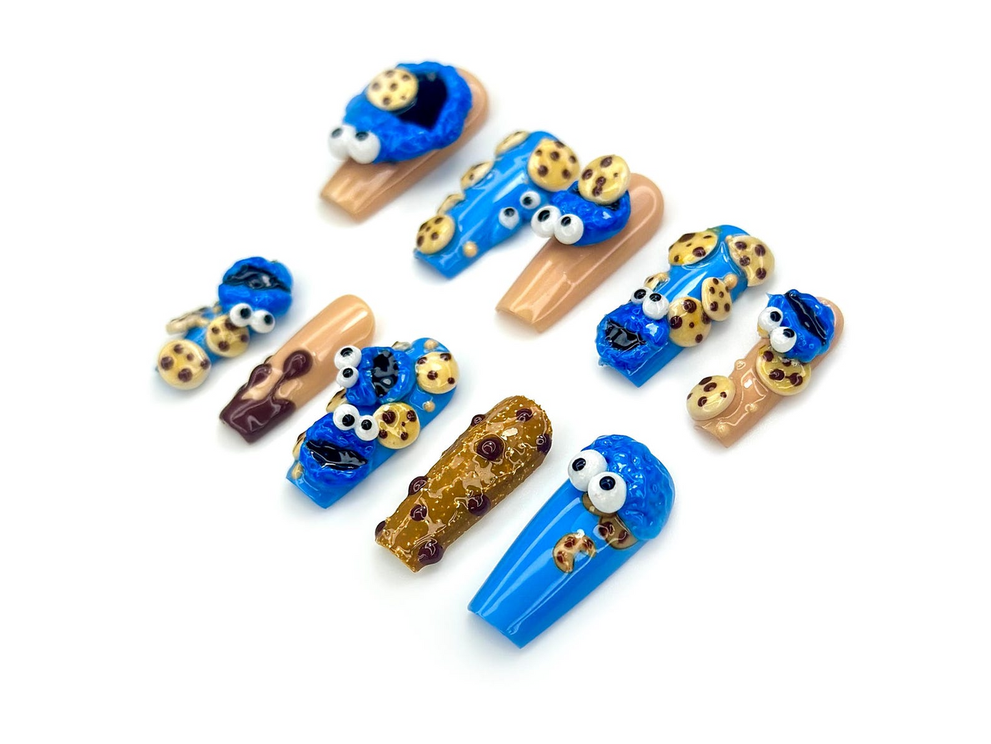 Cookie Monster ネイルチップ｜3D Cookie & Monster ネイルアート｜Funny ブルー Cartoon ネイルセット｜ハンドメイド Pop Culture ネイル｜HB1048EC