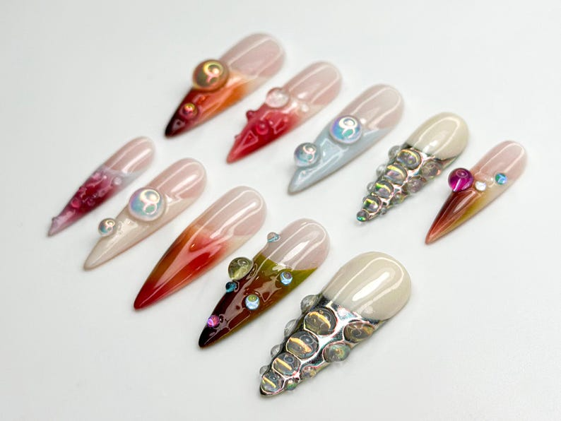 Iridescent グラデーション Bubble ネイルチップ｜Glassy クローム パール Accents｜Color Fade スティレット ネイル｜クローム Bubble ネイルアート｜JC785HC