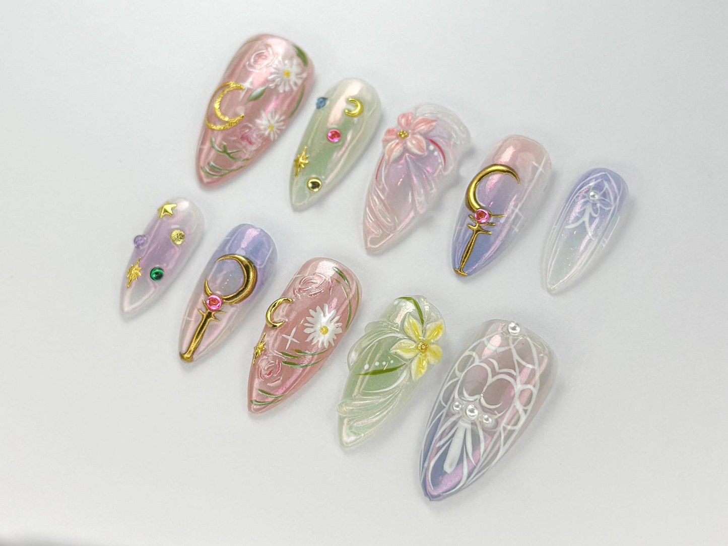 Sailor ムーン ネイルチップ｜パステル Magical Girl ネイルアート｜Iridescent Anime Design｜Kawaii Anime Press On｜ハンドメイド Cosplay Nail｜JB746HK