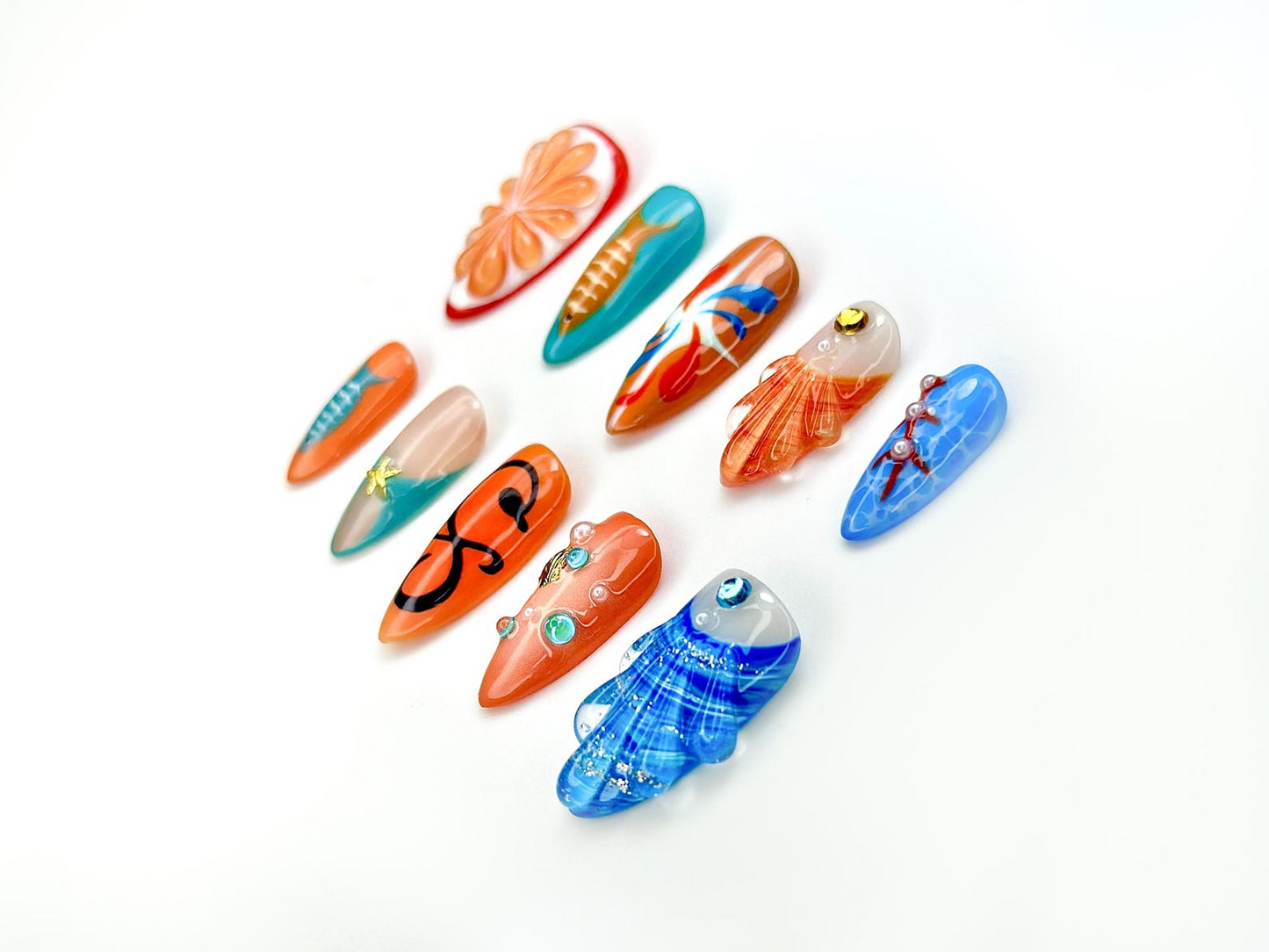 Ocean Breeze 夏 ネイルチップ｜3D Seashell & スターfish Accents｜Citrus オレンジ Slice Art｜Underwater Marine Theme｜HB1041E