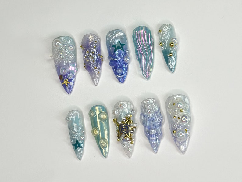 3D トロピカルビーチ ロング スティレット ネイル｜Ocean・Themed with Seaweed, Seashells, and スターfish｜ハンドメイド ネイルチップ｜JB328SL
