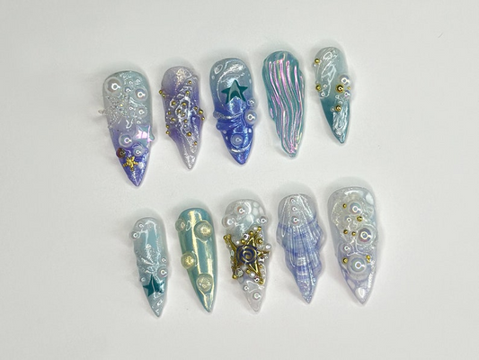 3D トロピカルビーチ ロング スティレット ネイル｜Ocean・Themed with Seaweed, Seashells, and スターfish｜ハンドメイド ネイルチップ｜JB328SL