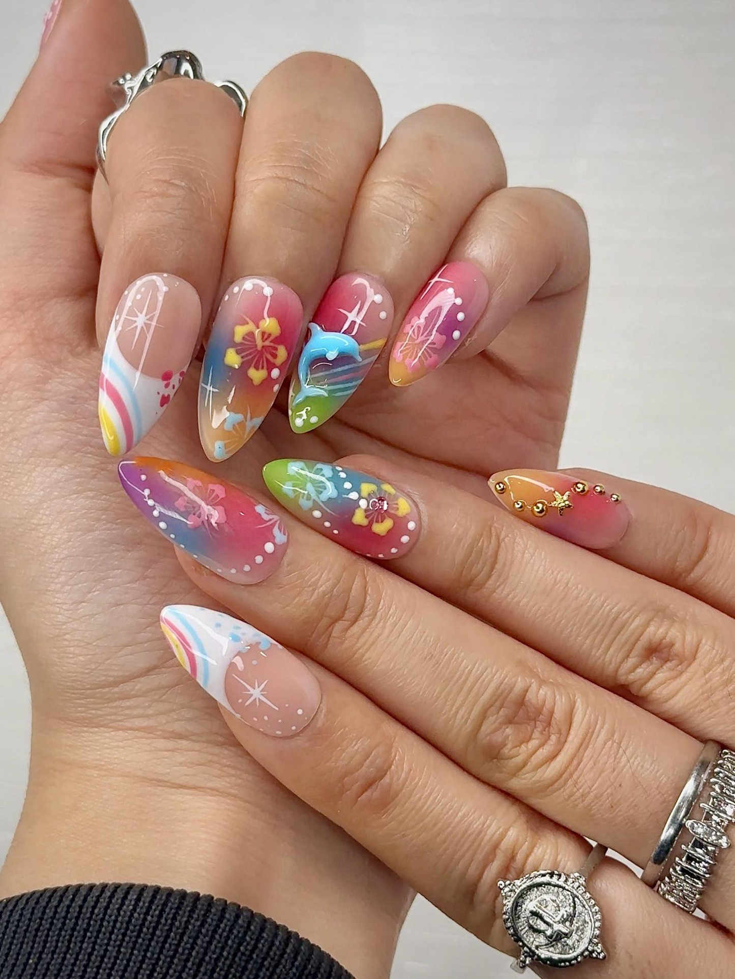 Midnight Sun ネイルチップ for Y2K Lovers｜Sunset オンブレ Rainリボン ネイル with 3Dフラワー Art｜90s Nail Design｜アーティスティック ネイルチップ｜JB290HC