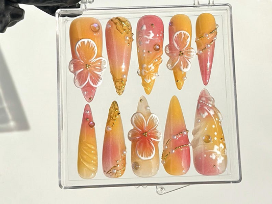 上品 フラワー 手描き ネイルチップ｜Tropical フラワー ネイルチップ｜フラワー Fantasy ネイルアート｜Boho 洗練された Style ネイルチップ｜HB637YC