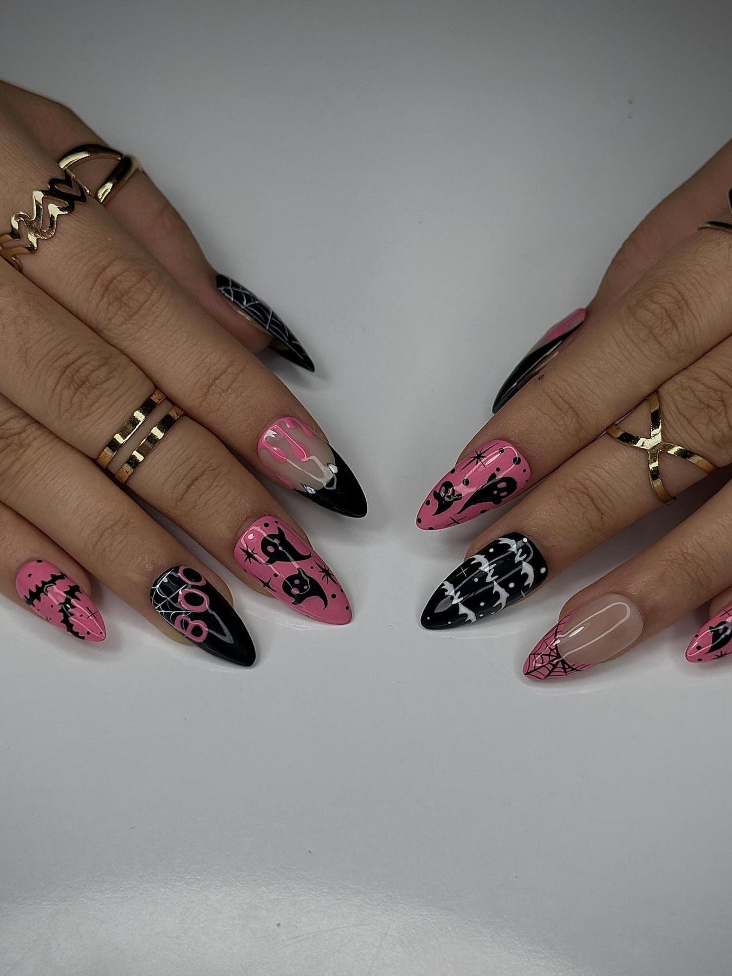 ピンク Spooky ゴースト ネイルチップ｜かわいい ハロウィン ネイルアート｜ブラック & ピンク スパイダーウェブ Nail｜ガーリー ゴシック ネイルチップ｜Creepy かわいい Nail｜JC144HC