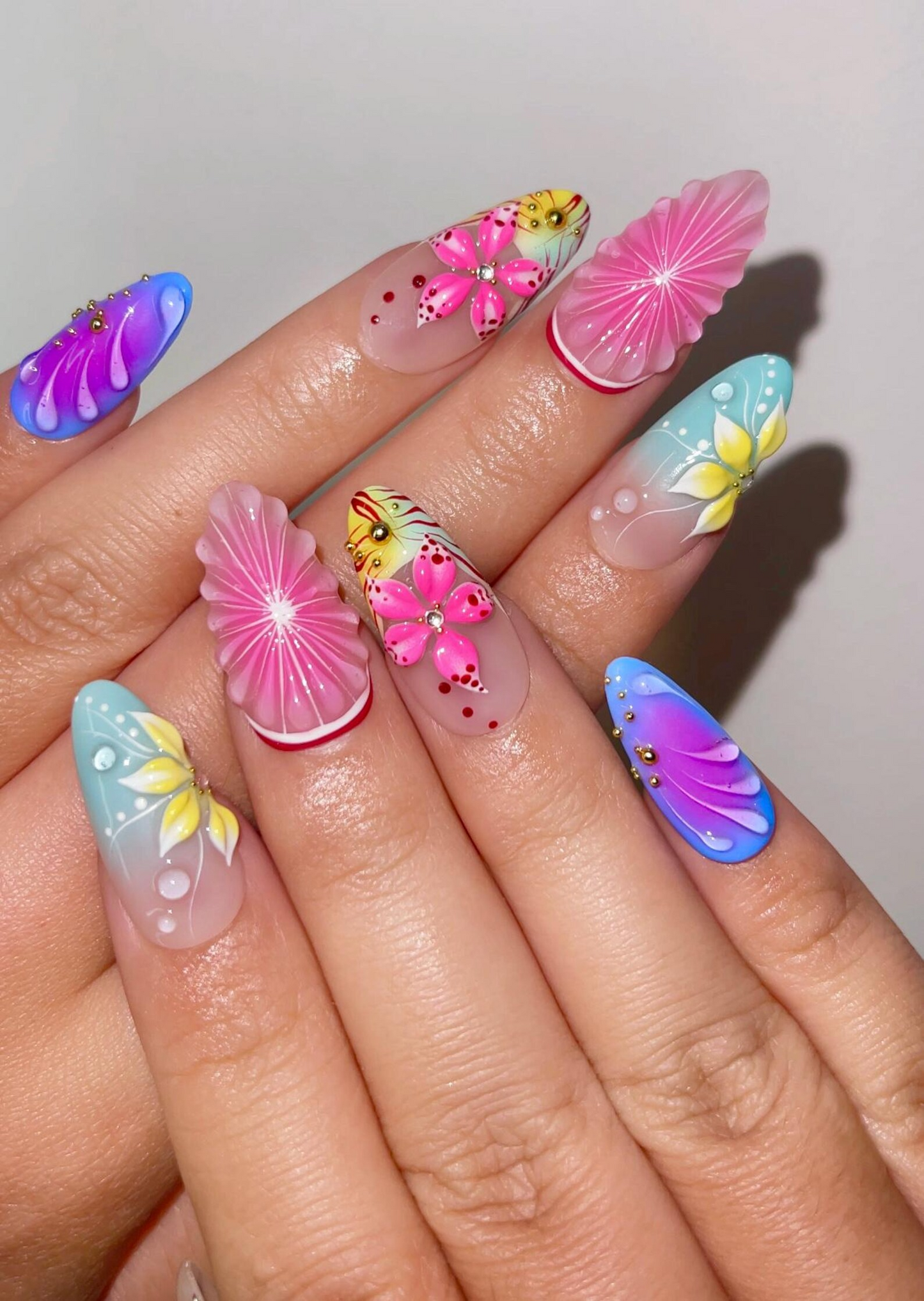 Tropical Bloom ネイルチップ｜3D フラワー 夏 ネイル｜Colorful Citrus Slice ネイル｜Hand Painted フラワー ネイル｜Vaキャットion ネイル｜JB319H