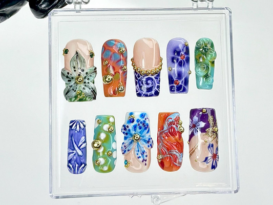 Colorful Glass フラワー ネイルチップ｜Glass・風 ネイルアート｜Resin フラワー Design ネイルチップ｜上品 アーティスティック ネイルチップ｜HB958YC
