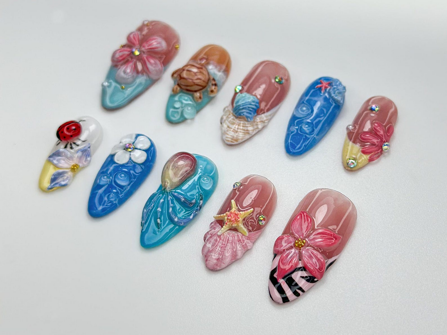 Tropical シー タートル ネイルチップ｜3D Beach Shell & スターfish ネイル｜ハンドメイド 夏 Mermaid Vibes｜Tropical シー ネイルアート｜JB809HK