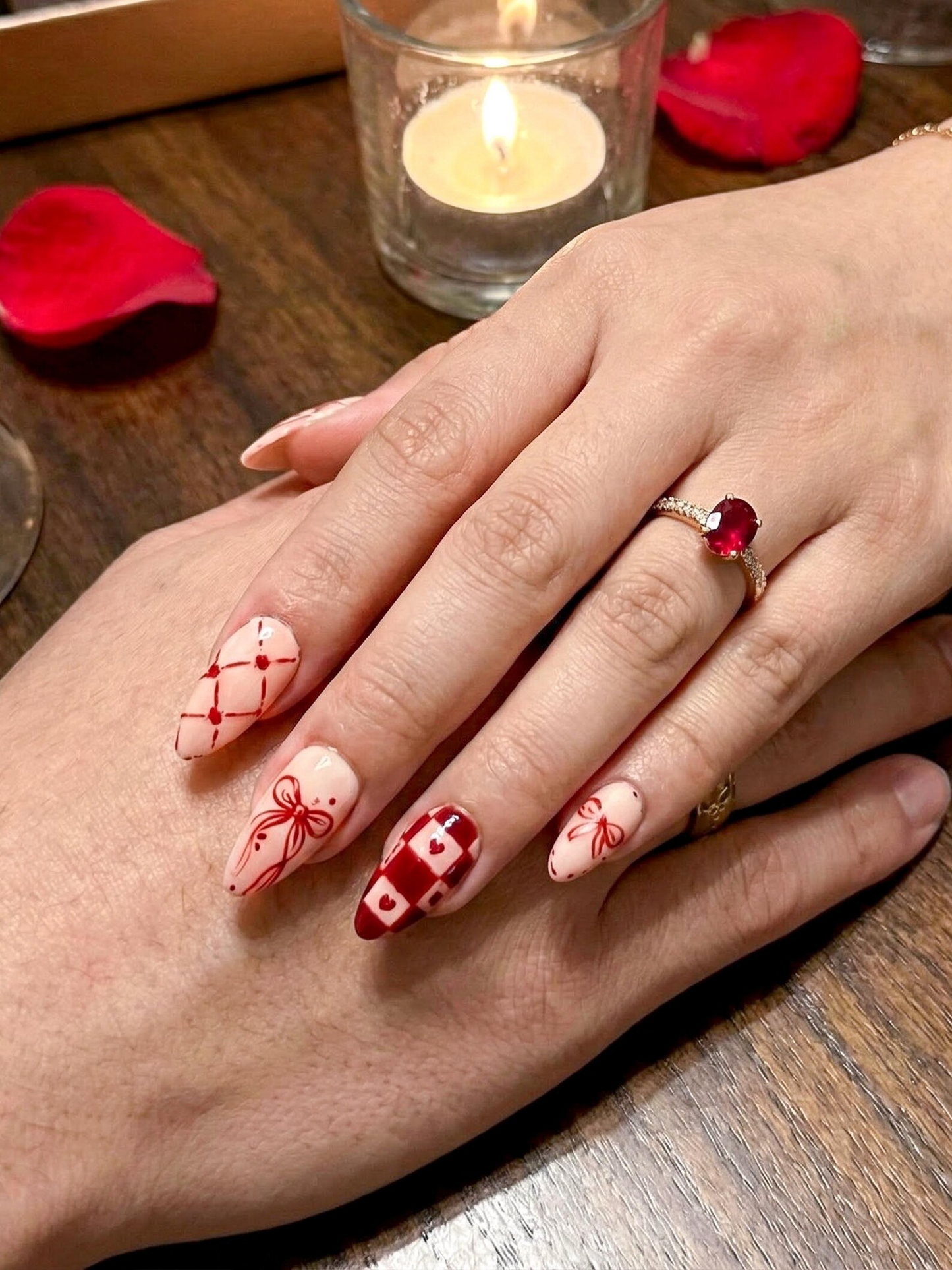 Sweetハート リボン バレンタイン ネイルチップ｜ハート Ribbon ロマンティック ネイルアート｜レッド ギンガム Love ネイル｜かわいい ロマンティック ネイルセット｜JB274EC