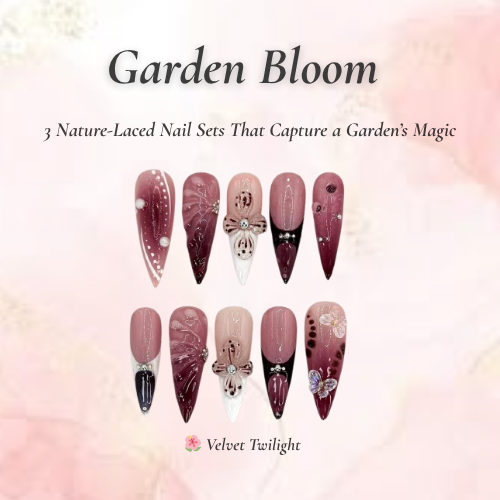 Garden Bloom Nail Bundle｜3 ナチュラル・風 Press On Sets｜Velvet, Berry, バタフライ Designs｜DB102L