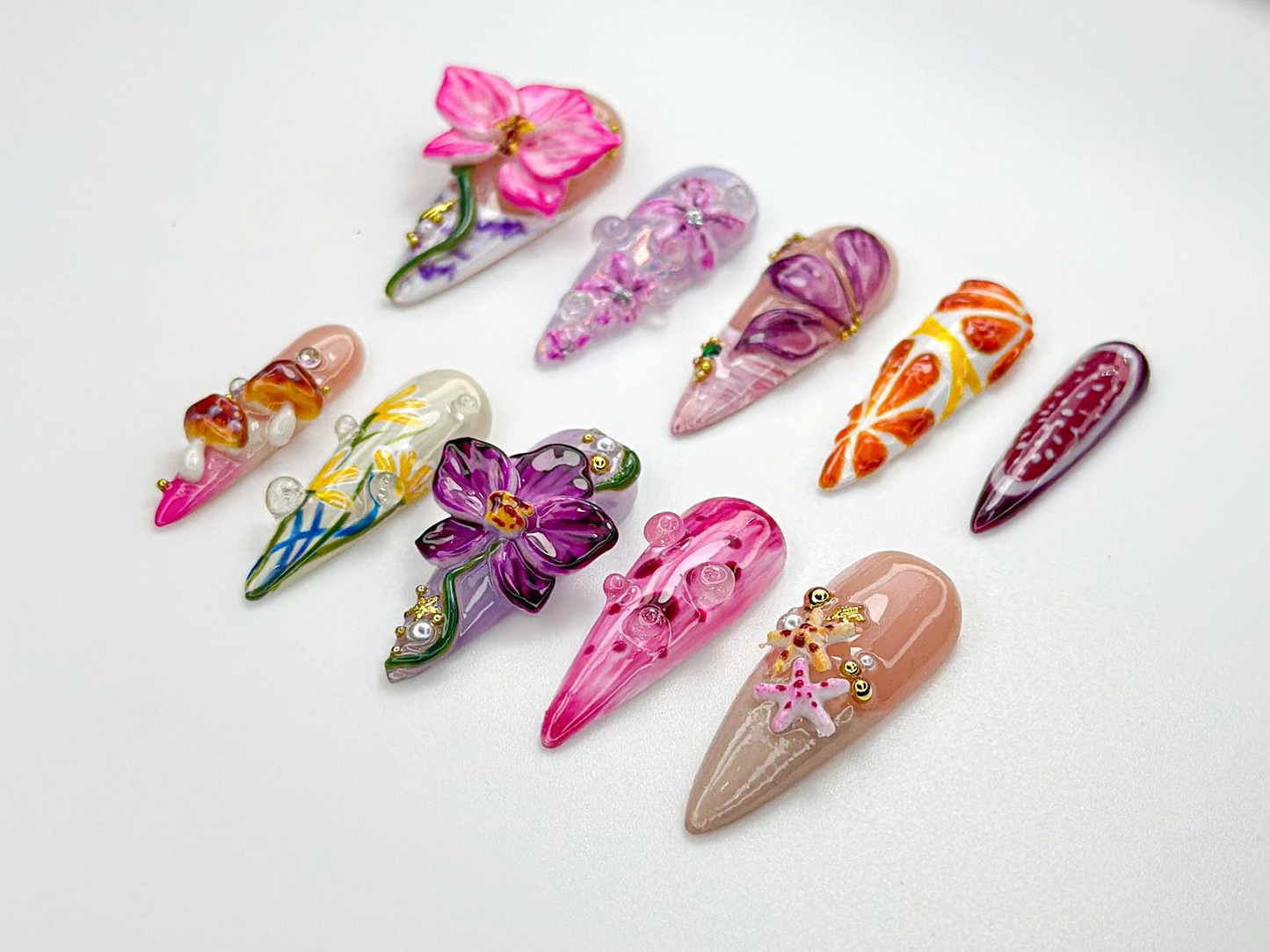夏 ネイルチップ Tropical Bloom｜3D Orchid & Fruit ネイルアート｜Colorful 夏 フラワー Design｜ハンドメイド ナチュラル ネイル｜JB983HC