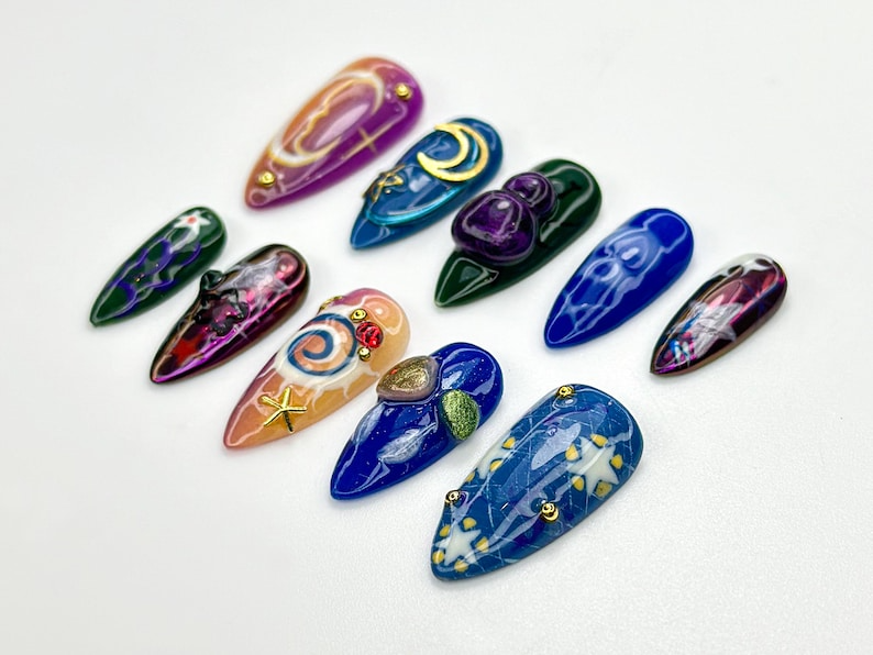 Galaxy Swirl ネイルチップ｜Cosmic スター ムーン ネイルアート｜Mystical Space 風 ネイル｜パープル ブルー Galaxy Tips｜Celestial Nail｜JB936HC