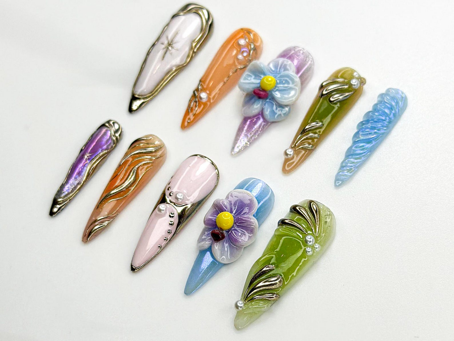Colorful Dream Bloom ネイルチップ｜3D Mixed フラワー ネイル｜グラデーション クローム Set with パール & メタリック Art｜Festival フラワー Nail｜JC776HK