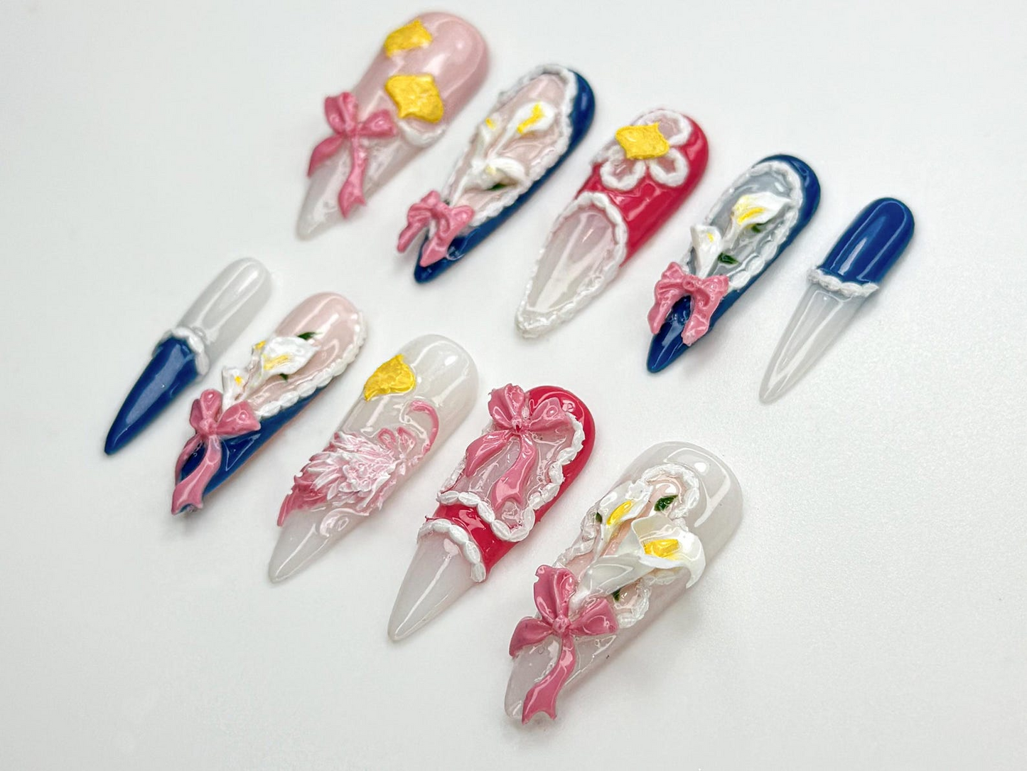 やさしい印象の ガーリー ネイルチップ｜ハンドメイド Lace フラワー ネイルアート｜上品 Lolita ネイルセット｜ロマンティック フラワー ネイルチップ｜Vintage ガーリー｜JB793HC