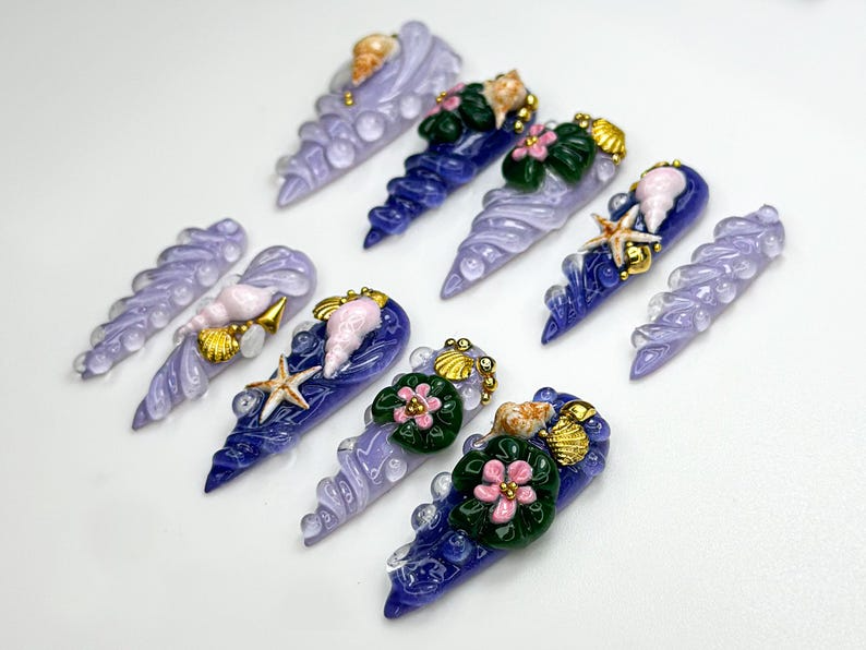 Mermaid Shell Spiral ネイルチップ｜Ocean・風 3D ネイルアート｜Seashell スターfish Lilac ネイル｜Fairycore Beach ネイルセット｜JB861H