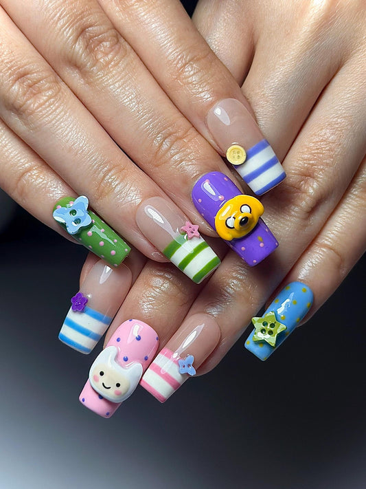Adventure Time ネイルチップ｜Finn & Jake Cartoon ネイル｜かわいい Kawaii Character ネイルアート｜Colorful 3D ネイル｜Fun ネイルチップ｜JB331HC