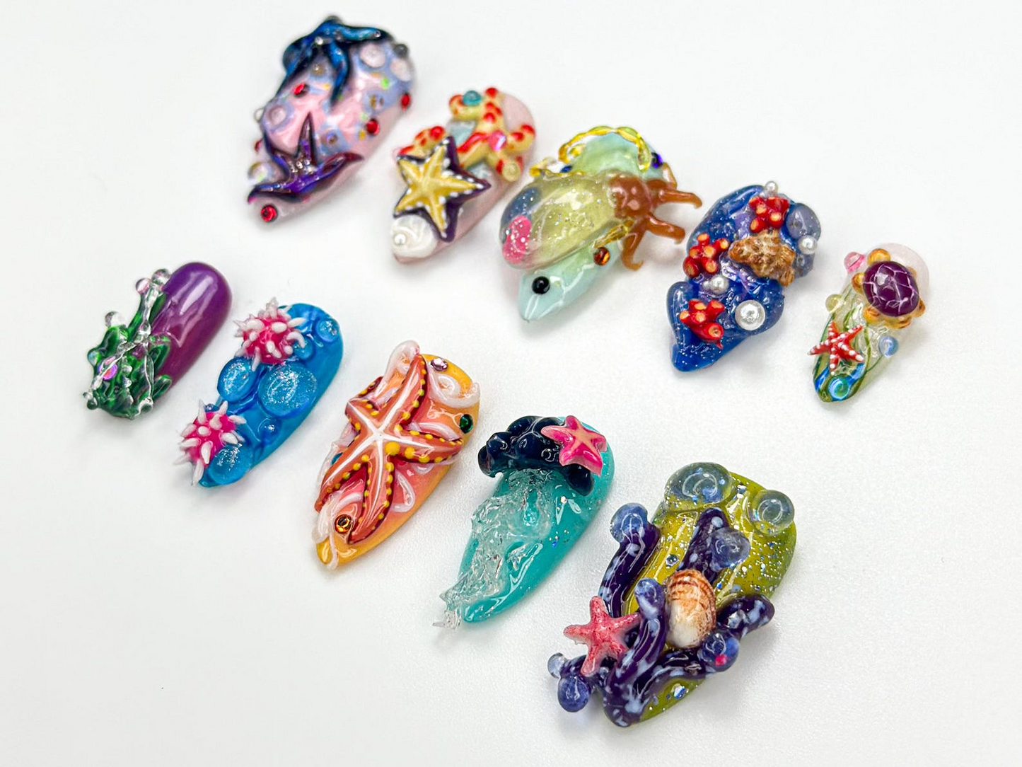 3D スターfish Coral ネイルチップ｜ディープシー Ocean ネイルチップ｜Mermaid Jellyfish Underwater ネイルアート｜ハンドメイド 夏 Beach Nail｜JA922HC
