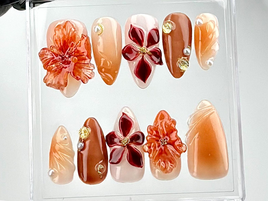 上品 秋 フラワー ネイルチップ｜ゴールド オレンジ フラワー ネイルアート｜秋 Bloom ネイルチップ｜洗練された 3D 秋 Nail Polish｜華やか｜HC677YC