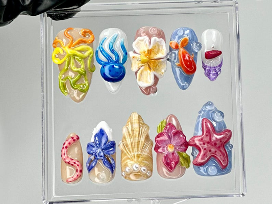 トロピカルビーチ 3D ネイルチップ by Reaispace｜シー Life ネイルアート｜ハンドメイド スターfish & Seashell ネイルチップ｜Beach Aesthetic ネイル｜HB791YK