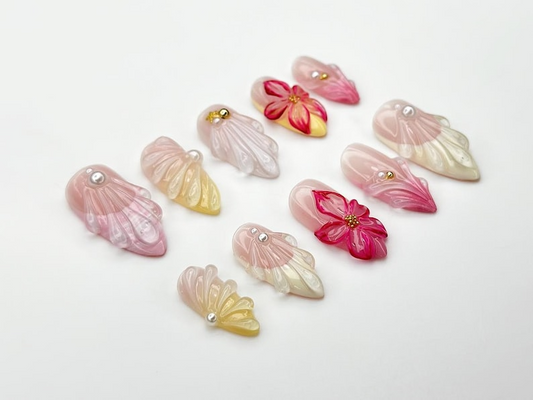 Jelly フラワー ネイルチップ|3Dフラワー ネイル with パール and Petal Wings|ロマンティック ピンク Gel ネイルセット|夏 ネイル|ホリデー Nail|JB940DC