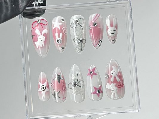 Adorable バニー ネイルチップ｜カスタム ネイルチップ｜3D Handpainted Gel ネイルアート Design｜Playful ピンク ネイルチップ｜Gift for her｜HC458TL
