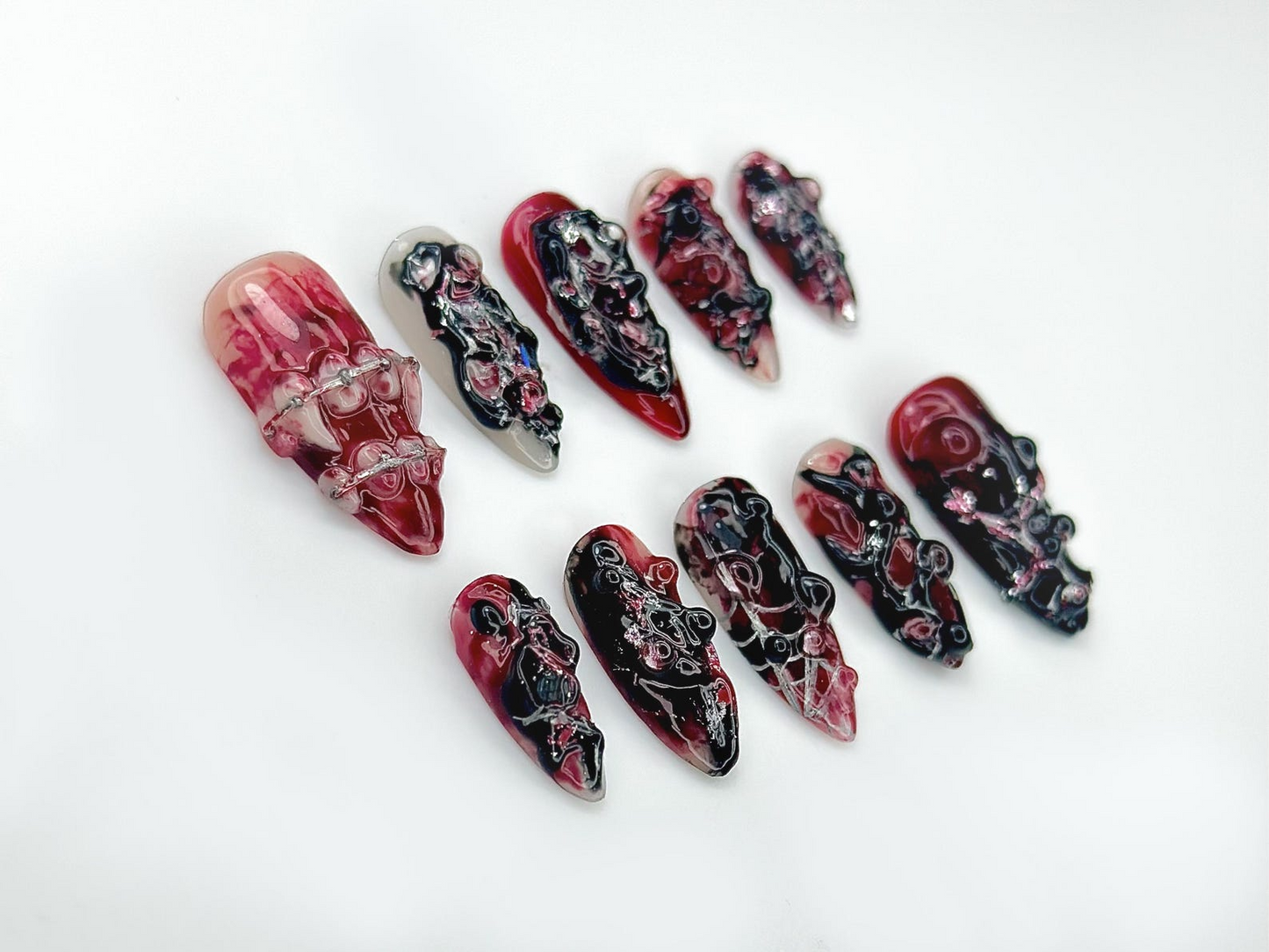 ゴシック Blood Veil ネイルチップ｜3D Dark レッド & ブラック Texture ネイルアート｜Horror・風 Abstract ネイル｜ハンドメイド Grunge ネイルチップ｜JB988EC