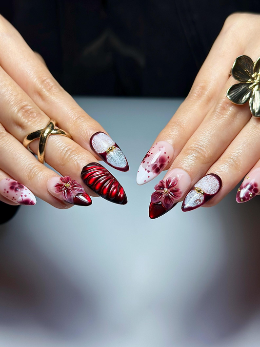 Burgundy レッド フラワー ネイルチップ｜3D Wine フラワー ネイル｜Dark ロマンティック ネイルアート｜上品 グラデーション ネイル｜上品 ネイルチップ｜JB324HK