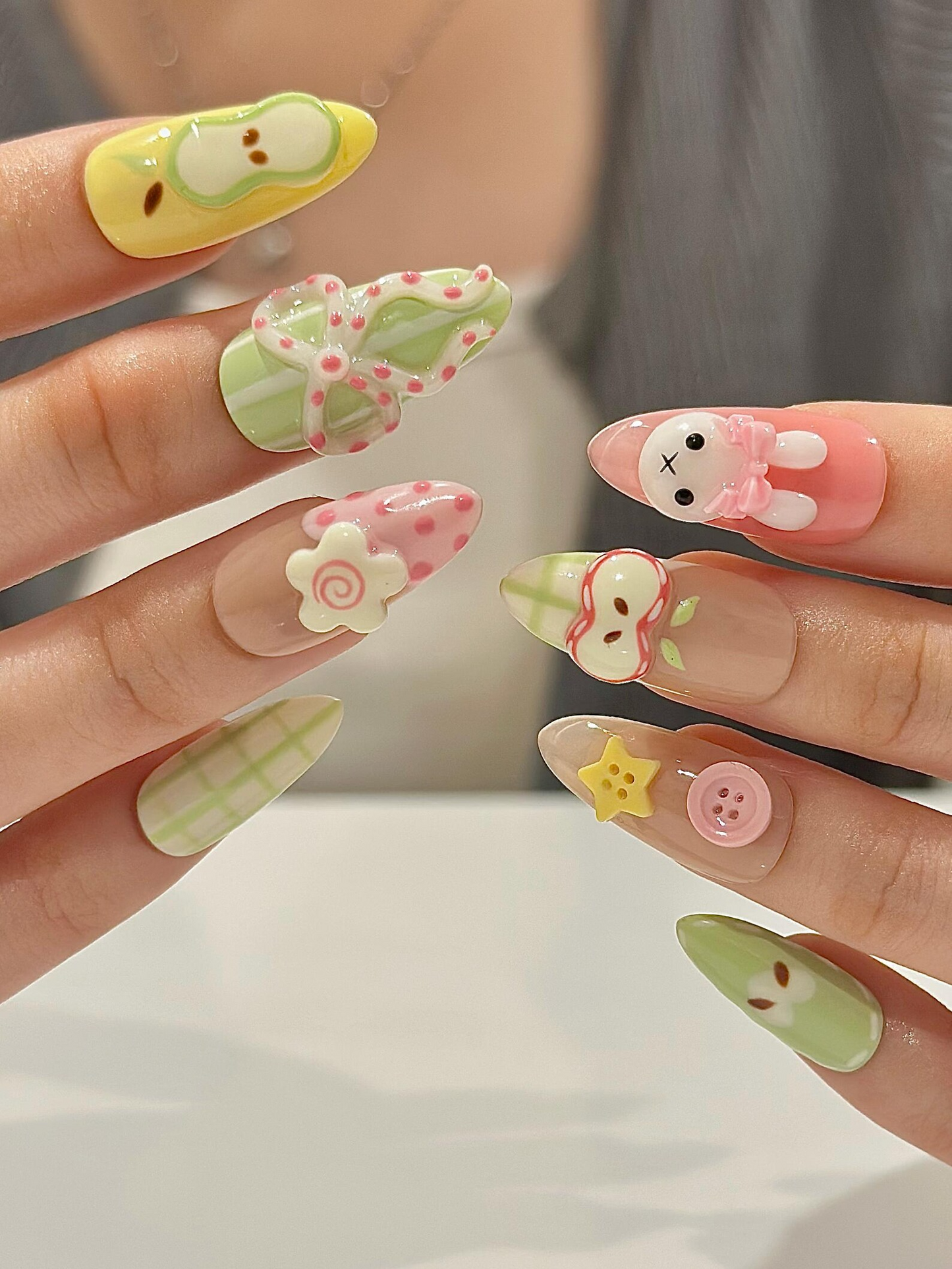 Kawaii バニー Easter ネイルチップ, パステル グリーン and ピンク チェック ネイル, Colorful パステル ギンガム ネイルチップ For かわいい Lover, HB1291H