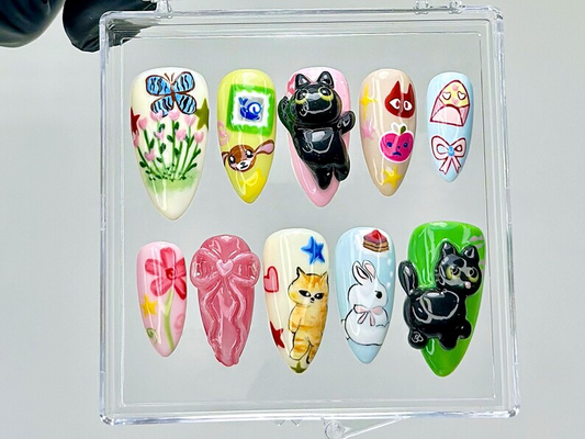 3D Kawaii キャット ネイルチップ｜パステル Cartoon ネイルチップ｜Cartoon キャット バニー ネイルアート｜3D かわいい Animal Kawaii ネイル｜パステル ネイル｜HB939YC