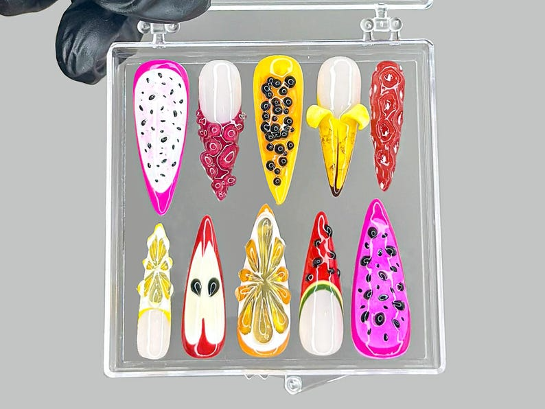 Tropical Fruit ネイルチップ｜Dragonfruit & Banana ネイルアート｜Colorful Fruit ネイルチップ｜Kawaii Fruit ネイルチップ｜夏 ネイル｜HB953YK