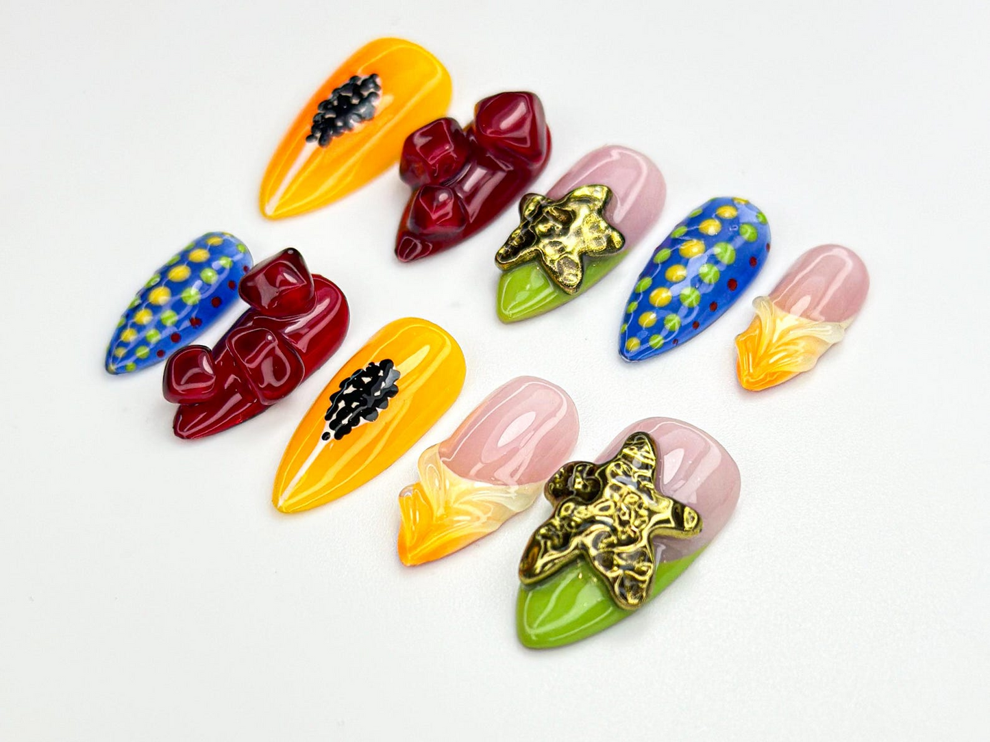 Tropical Fruit ネイルチップ｜3D Papaya, Corn & Dragonfruit｜鮮やか ハンドメイド ネイルアート｜Exotic 夏 ネイルセット｜かわいい Fruit Nail｜JB873H