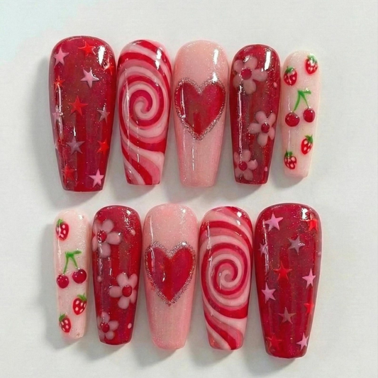 Combo Sweet バレンタイン ピクニック ネイルチップ 3D ハート Candy チェリー ネイルアート ハンドメイド バレンタイン ネイルセット DB17L