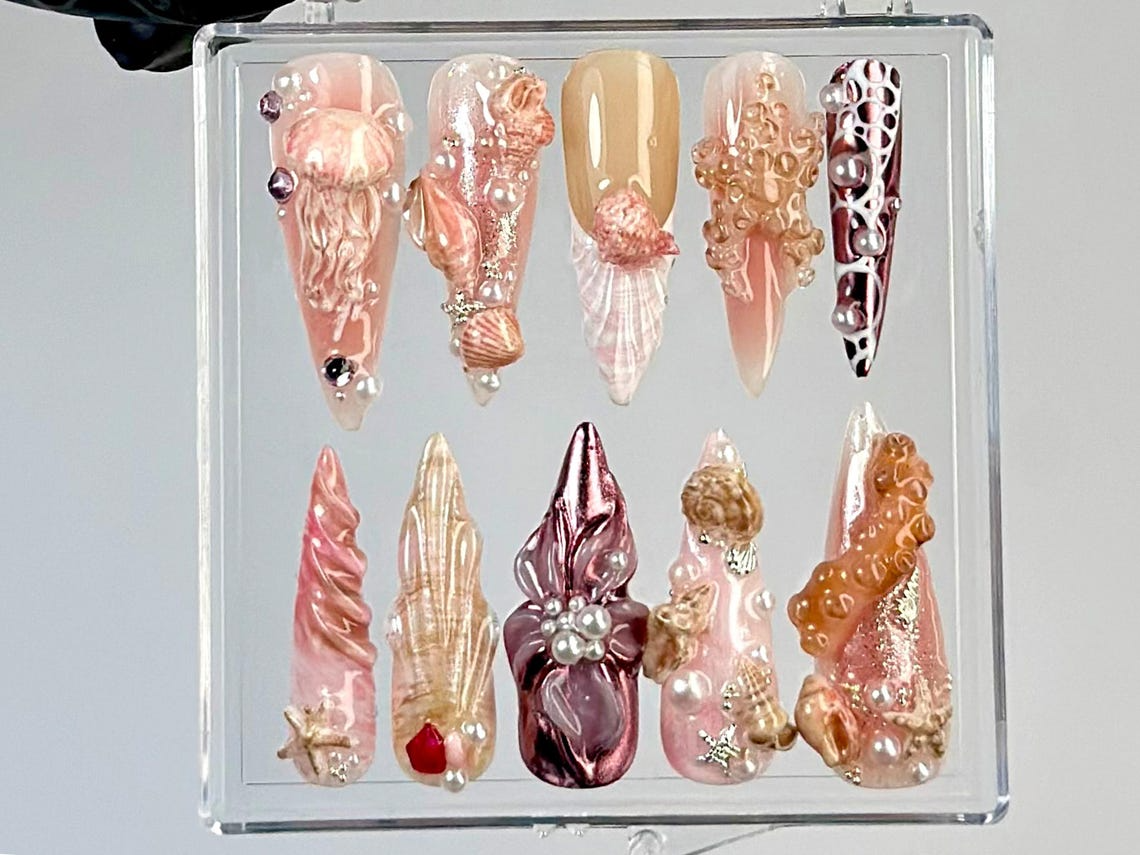 Ocean Nail｜ネイルチップ｜上品 Coastal ネイルチップ｜Beach Vibes ネイルチップ｜Beach・風 ネイルアート｜Beach ウェディング ネイル｜HB777YK