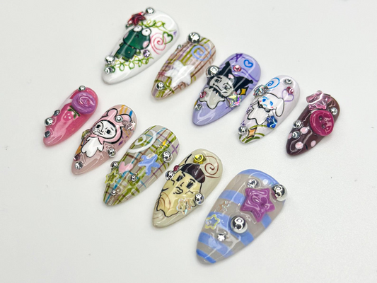 遊び心のある Cartoon Pop ネイルチップ｜Playful Character ネイル｜Colorful 3D Kawaii Nail Design｜Playful Mixed Media ネイル｜JB779HC