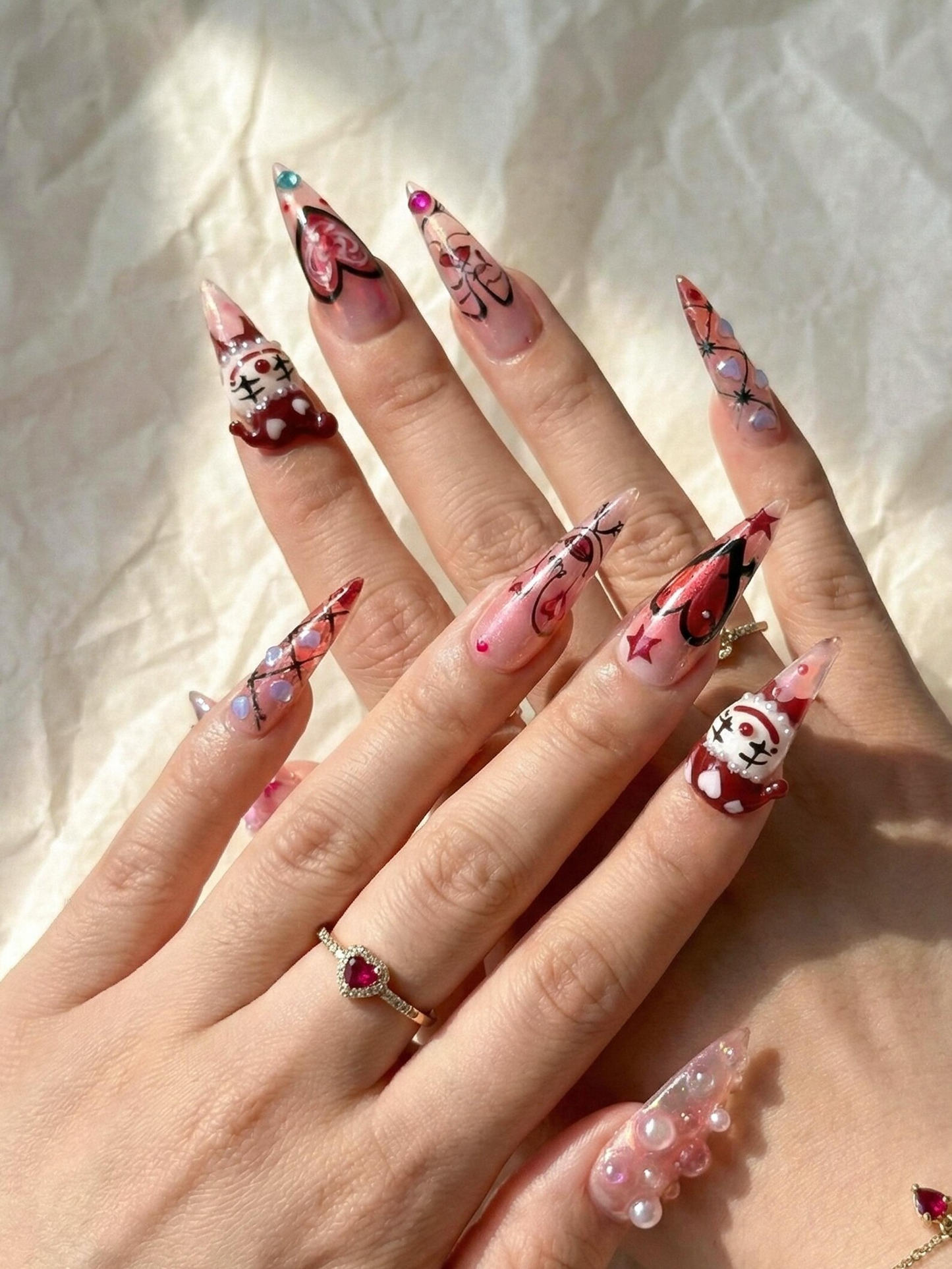 ゴシック バレンタイン クラウン ハート ネイルチップ for Dark Romance Girls, ハンドメイド ロング ピンク クローム ネイルチップ, Alternative Love Nail,JB278EC