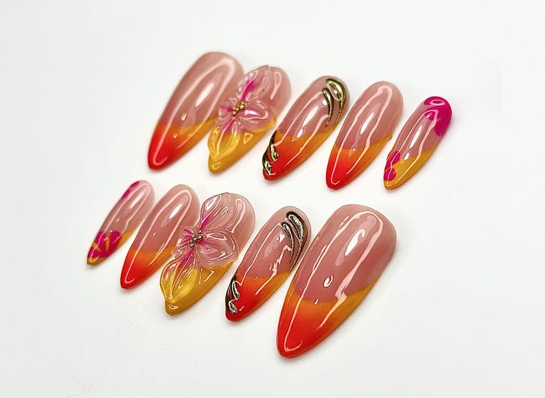 フラワー ネイルチップ｜ハンドメイド 3D フラワー ネイルアート｜夏 グラデーション Nail Tips｜オンブレ Sunset Colors｜カスタム ネイル｜JC905E