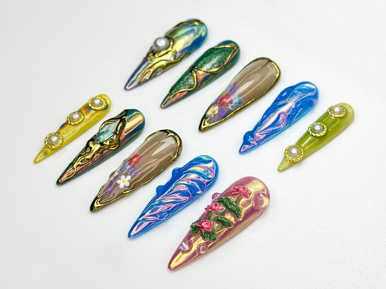 フラワー クローム ネイルチップ｜Mixed パール 3D Art ネイル｜Sculpted ナチュラル・風｜Holographic Garden ネイルチップ｜アーティスティック Nail｜JB856HK