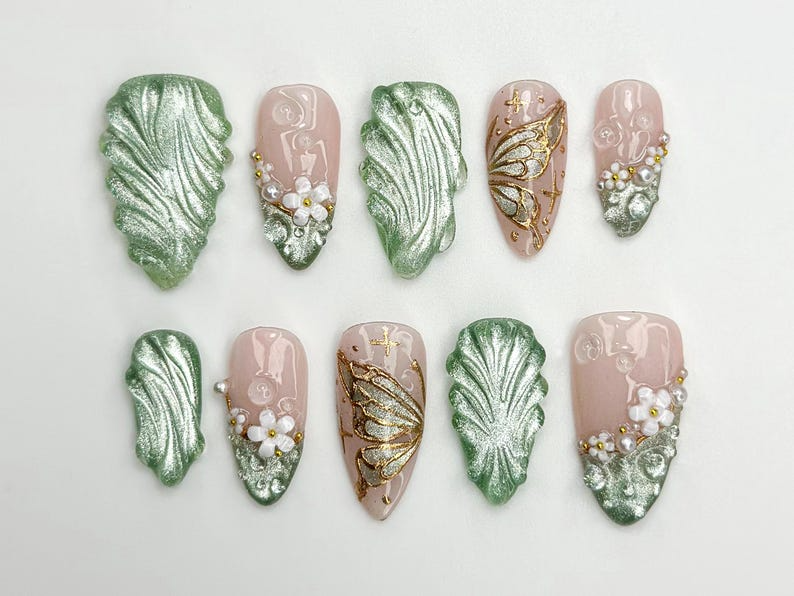 ナチュラル Muse Nail Bundle｜3 ナチュラル・風 Press On ネイルセットs｜Leaf, バタフライ & フラワー Art｜Reusable Nail キット｜DB103L