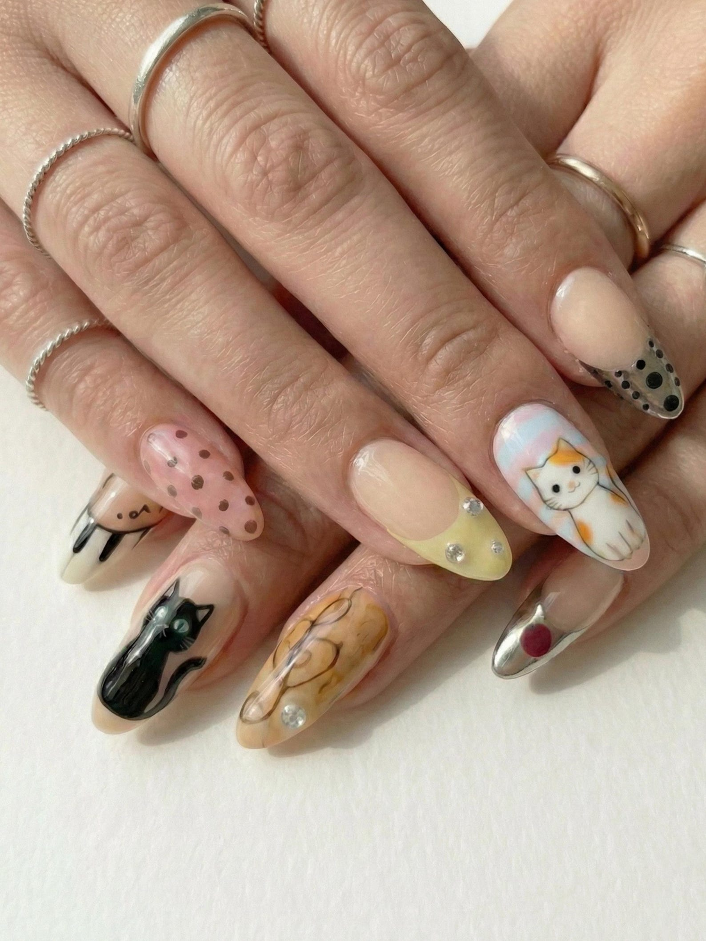 かわいい キャット & Music ネイルチップ for かわいい Girls｜ハンドメイド パステル Polka Dot ネイルチップ｜シルバー スター Art ネイルセット｜JB285E