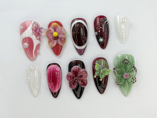 Burgundy バタフライ ネイルチップ｜Orchid バタフライ ネイルアート｜3Dフラワー 上品 ネイルセット｜Dark レッド Orchid ネイル｜上品 ネイル｜JC743HK